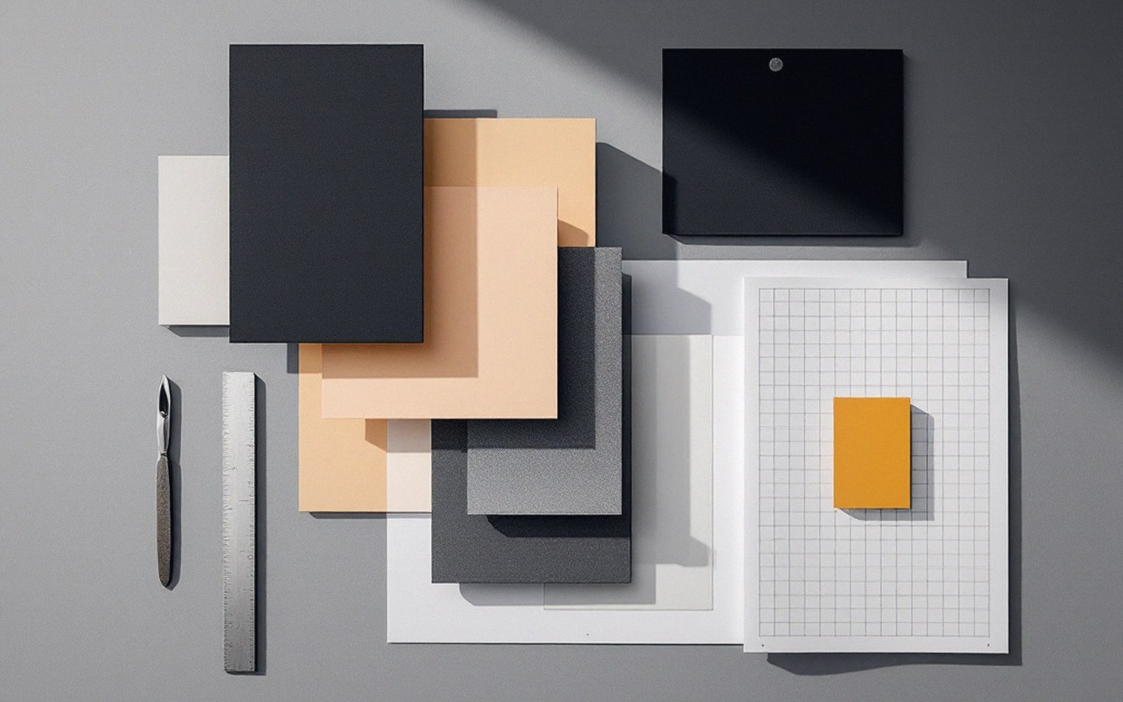 Flat lay of colored paper swatches, a ruler, craft knife, and grid notepad on gray