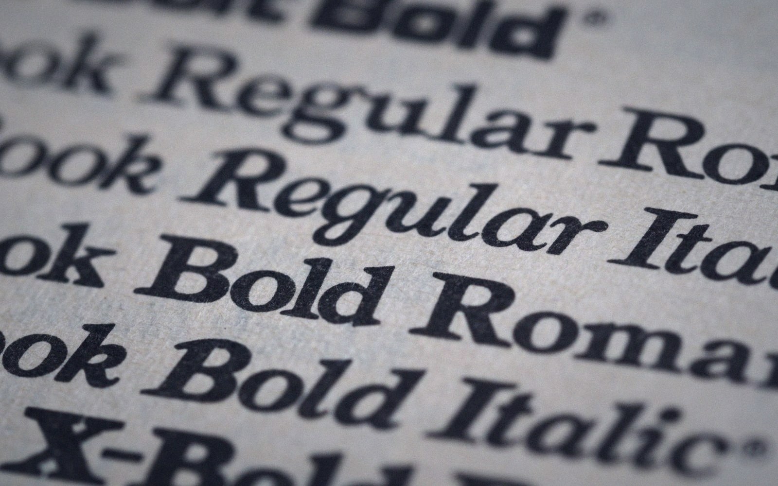 Close-up of printed type samples labeled regular, bold, italic and x-bold on paper